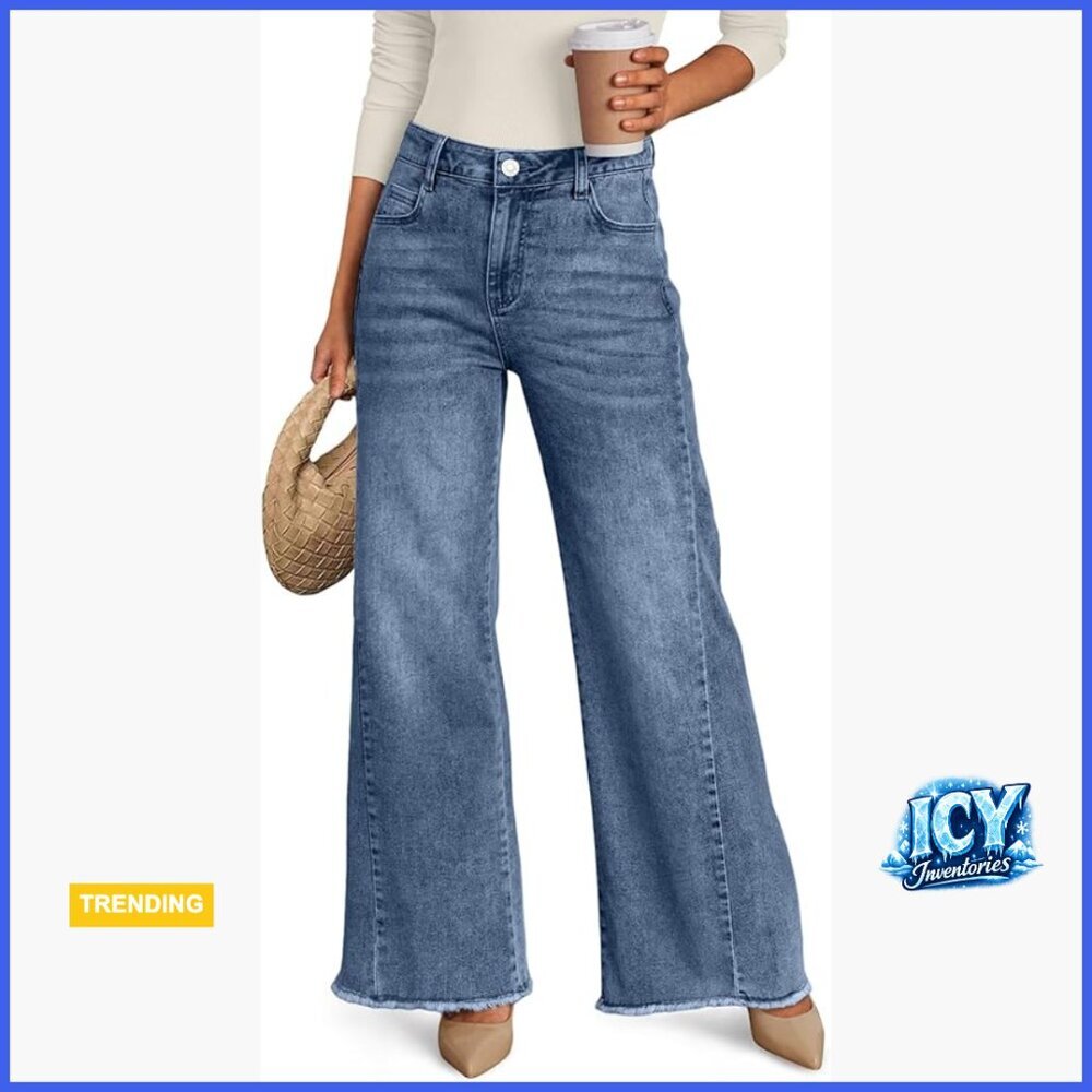 Wide Leg Jeans with Raw Hem, Comfort Denim Pants